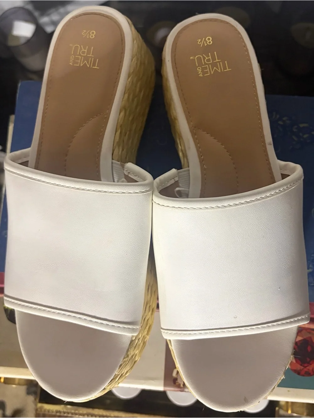 Time and Tru White Slide Espadrille Platform Sandals